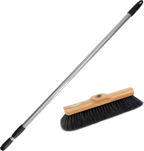 Binnen bezem zwart paardenhaar inclusief metalen telescoopsteel grijs 130 cm - Zachte bezems van Talen Tools