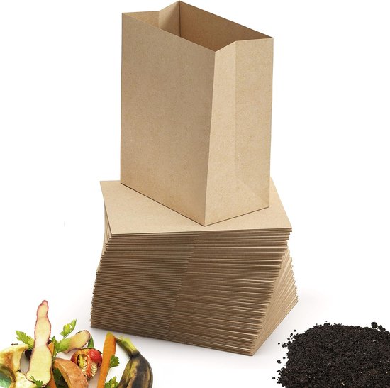 Biologisch afbreekbare zakken - Afvalzakken papier - Keukenafval scheiden - Extra verstevigde bodem - 10 liter 15 stuks - Bruin