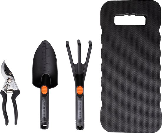 BLACK+DECKER Tuingereedschap Set 4 Stuks - Kniemat, Snoeischaar, Schep en Tuinklauw - 13mm Snijcapaciteit - Zwart/Oranje van BLACK+DECKER