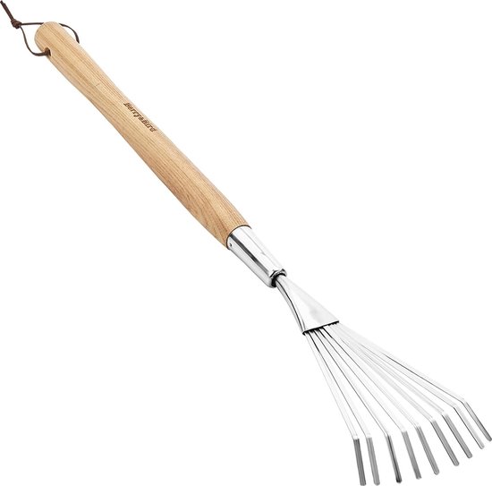 Bladbezem met korte steel, 37,3 cm harkbezem van roestvrij staal, tuinhark met steel van essenhout, kleine bezem voor gazon, waaierbezem met 9 tanden voor tuin terras van Esschert Design