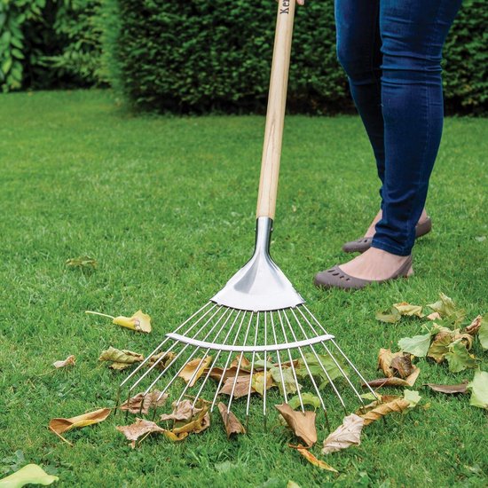 Bladbezem met lange steel - roestvrijstalen hark voor gazon en rabatten - 170 cm essenhouten steel Leak Rake van Leak Rake