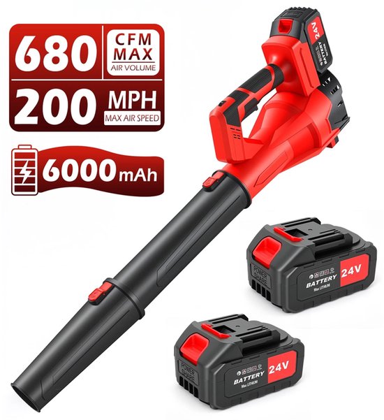 Bladblazer op Accu 24V - Draadloze Elektrische Bladblazer met 2x 4.0Ah Accu - luchtsnelheid 150 km/u - 6 Snelheidsstanden - Inclusief Oplader - Geschikt voor Bladeren en Tuinafval - Rood van Merkloos	