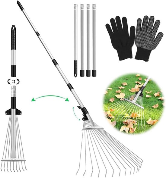 Bladbrek, verstelbaar, met steel, 207 cm, verstelbare hark, metalen bladhark met handschoenen, telescopische waaierhark, hark met steel, bladwaaiers