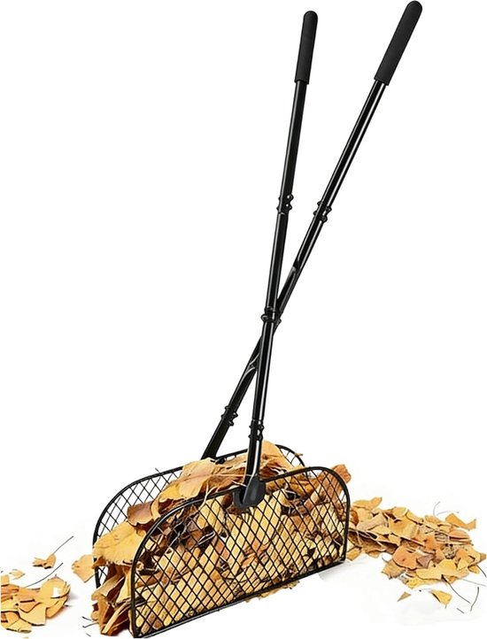 Bladgrijperhark met lange steel, geen bocht, rugbesparende bladverzamelaar, grasplukker, bovenste tuinhark, met 40 cm brede metalen kop voor tuinieren, garage organiseren