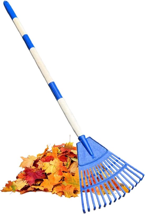 Bladhark met Lange Steel - Grashark Tuinbezem - Gazon Schoonmaken - 14-Tands Ventilatorvorm - 86 x 20 cm - Blauw
