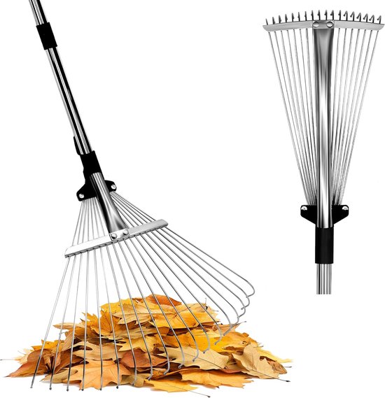 Bladhark met steel 175 cm – 18 tanden Bladveg met verstelbare kop (20-45 cm) – Ideal voor grote oppervlakken & fijne reiniging onder heggen – Licht & robuust voor volwassenen en kinderen