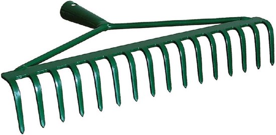 Bladhark met steel - Tuinhark gazonhark - Bladeren opruimen - 16 metalen tanden - 130 cm steel - Groen