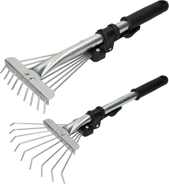 Bladhark - Mini Tuinhark - Gegalvaniseerd Staal - 20 cm - Zilver - Verstelbare Bladhark - Handhark - met Telescoopsteel 2,5-10 cm - 9 Tanden - Metalen Hark