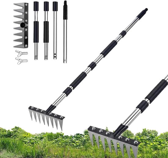 Bladhark Tuin - Afvalverwijderaar - Bodem Egaliseren - Ergonomisch Gebogen Handvat - Verstelbaar tot 68.6cm - Metaal