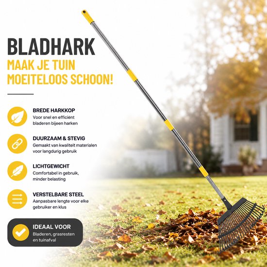 Bladhark / Tuinhark / Gazonhark – Zware Metalen Hark met Verstelbare Steel – 25 Tanden, 18,5" Breed – Voor Bladeren, Gras, Onkruid, Tuin, Gazon, Terras & Kamperen – Incl. Anti-Roest Laag – Ergonomische Rugvriendelijke Hark