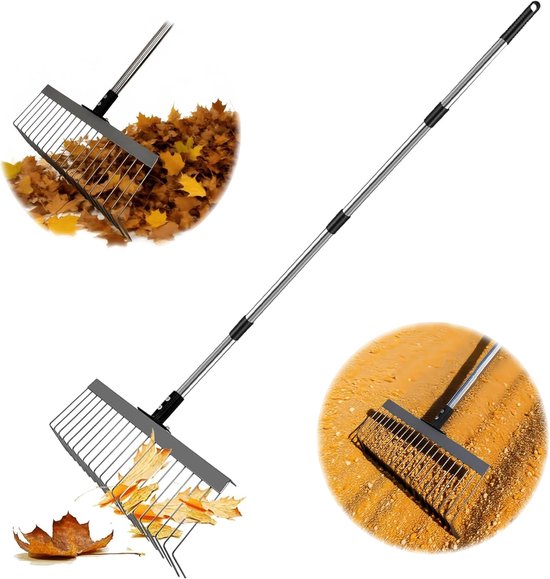 Bladhark verstelbaar 53-160 cm - metalen gazonhark - ergonomische telescoopsteel - comfortabel werken in de tuin - ShopVlot