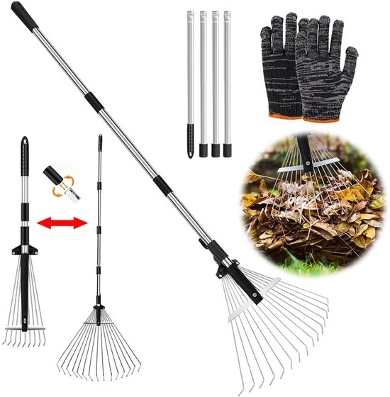 Bladhark Verstelbaar Lichtgewicht Tuingereedschap met Aluminium Steel Metalen Hark voor Bladeren Gras en Tuinafval 215 cm