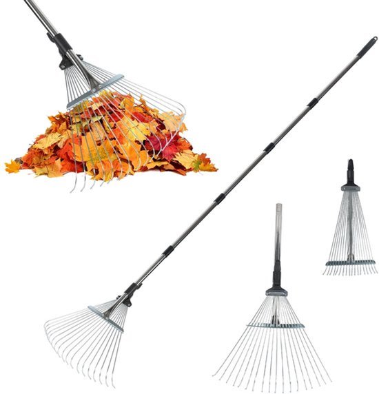 Bladhark Verstelbaar - Telescoopsteel 63-214 cm - 18 Tanden - Roestvrij Staal - Breedte 19-40 cm - Ideaal voor Bladeren Verzamelen - Tuinhark