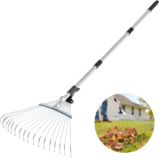 Bladhark - Verstelbare Gazonhark - 18 Tanden - Kopbreedte 43,5 cm - Verstelbare Steel 82–141,5 cm - Waaierhark Voor Kleine Bladeren