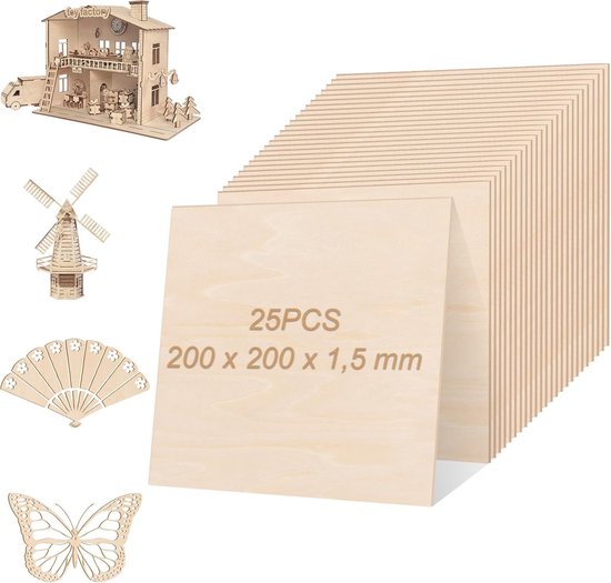 Blank Balsa Wood - Pack of 25 - 200 x 200 x 1.5 mm - Plywood Sheet - Wooden Panels voor Crafts - Laser Processing - DIY Model - Creatieve Projecten van Merkloos	