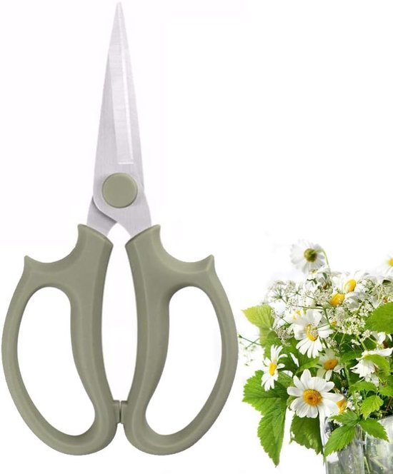 Bloemenschaar — Premium, extra dikke roestvrijstalen bloemenschaar; robuuste snoeischaar geschikt voor het snoeien van bloemen, takken en bladeren (slank ontwerp in essengroen) van Merkloos	