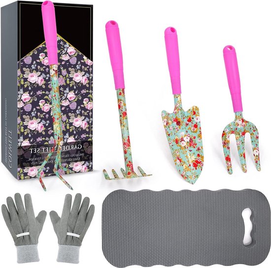 Bloementuingereedschapset 6 stuks met mooie print - tuinset voor vrouwen - transplantatie - troffel vork handhark cultivator - tuinhandschoenen knielkussen van Esschert Design