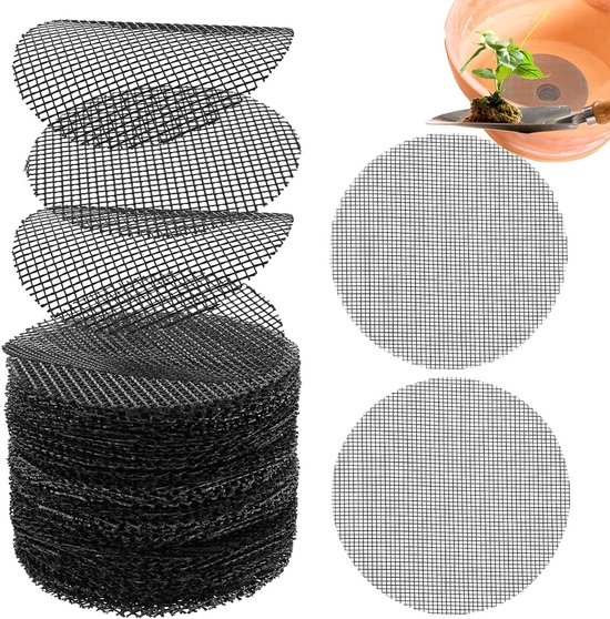 Bloempot Gaas Pads - 50 Stuks - 10X10CM - Ademend Plastic Gaas voor Bloempot Bodem - Bloempotvoering - Insectenwerende mat voor onder potplanten - Grondkerend gaasmatje - Ronde Drainageschermen om Bodemverlies te Voorkomen - Zwart van Merkloos	
