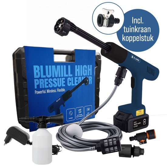 BluMill Hogedrukreiniger op Accu - Draadloze Hogedrukspuit - 6 in 1 Spuitkop - 5 m Waterslang - Voor Auto, Tuin en Camping