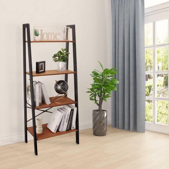Bobbel Home Boekenkast – Industrieel – Ladderkast – Metaal/Hout – Zwart/Bruin – 137,5 cm Hoog x 56 cm Breed x 34 cm Diep – 4 Legplanken