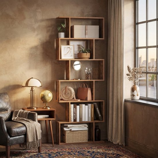 Bobbel Home - Boekenkast - Kubus kast - Woonkamerkast - Opbergkast - 6 Compartimenten - Vakkenkast - 70 x 24 x 190,5 cm - Bruin