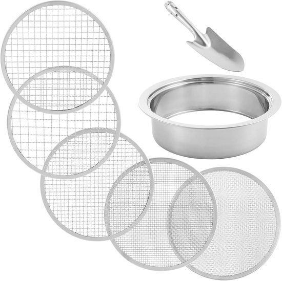 Bodem Zifter Set - Compost Zeef - Tuin Voorbereiden - 5 Vervangbare Schermen - 8 Inch Diameter - Zilver