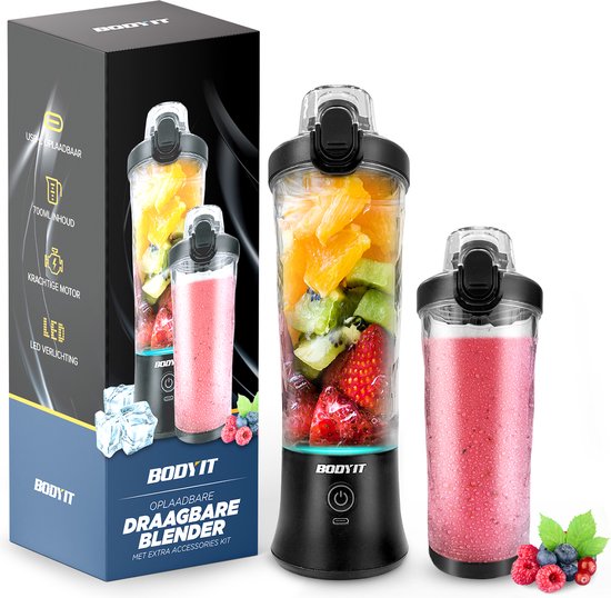 BODYIT® - Draagbare Blender met Extra Accessoires - 700ml – 6 Mesjes – Portable Blender To Go – USB-C - Oplaadbare Blenders met Accu – Draadloze Smoothie & Shake Maker - Zwart van BODYIT®