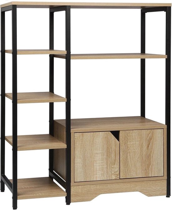 Boekenkast - 80x35x97cm - met Kastje - 5 Lagen - MDF en Metaal - Licht Eiken Kleur - 6-laags - Houten Boekenplank - Opbergrek - Staande Plank - Hoekboekenkast - Organizer voor Woonkamer en Kantoorkeuken