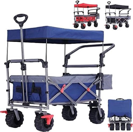 Bolderkar Opvouwbaar Luchtbanden - Bolderkar Kinderenvervoer - Bolderkar Met Duwstang - Blauw van Strandbeest