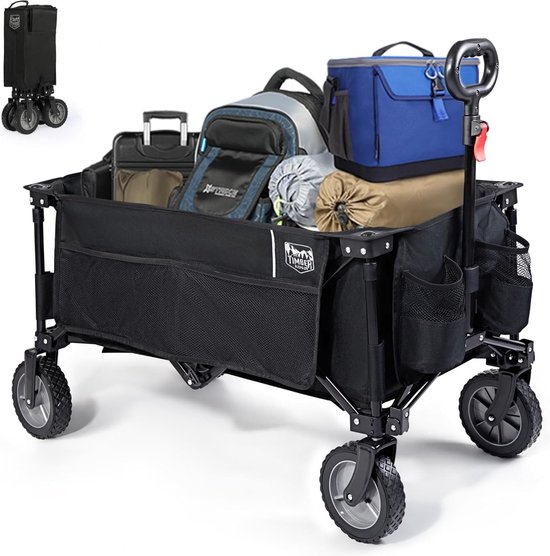 Bolderkar, opvouwbaar, strandtransportwagen met zijvak, bekerhouder, verstelbare handgreep, tuinwagen, strandwagen voor alle terreinen, buiten, camping, winkelen, 100 kg belastbaarheid van Merkloos	