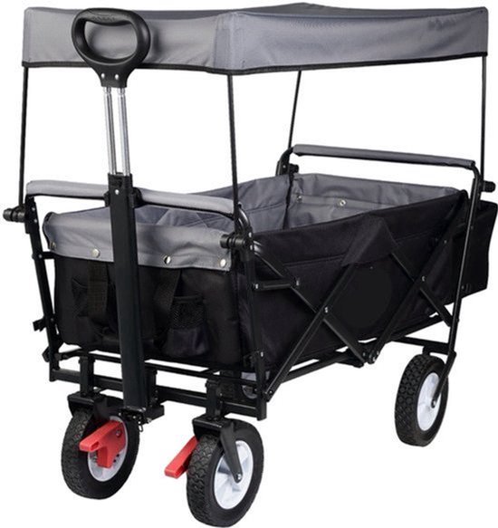 Bolderkar - Tuinwagen - Opvouwbare Bolderkarren - Tuinkarren – Transportkar voor Zonbescherming, Camping & Kinderen - Blauw - Kar - 80 kg Capaciteit - 100L - Met Dak, Wielen & Rem