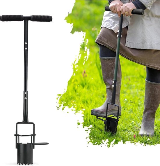 Bollenplanter Lange Steel - Tuinboor Graafgereedschap - Planten Bollen Verplanten - Verlengde T-greep Pedaal - 95cm Handvat 8.9cm Gat - Zwart
