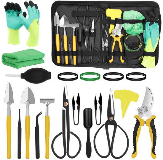 Bonsai Gereedschap Set - 25-delig Tuingereedschap - Met Schaar, Pincet, Bonsaidraad, Tuinhandschoenen, Mini Hark en Schep - Voor Bonsai Beginners