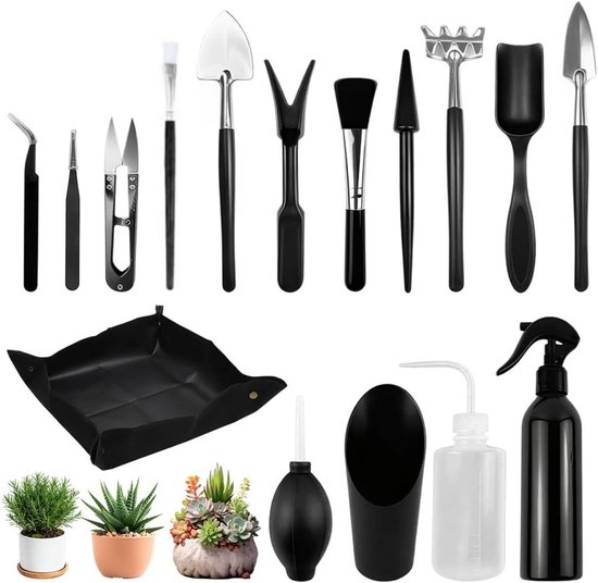 Bonsai gereedschapsset - Mini tuingereedschap - Planten verzorgen - 16-delige uitrusting - 360 gram - Zwart