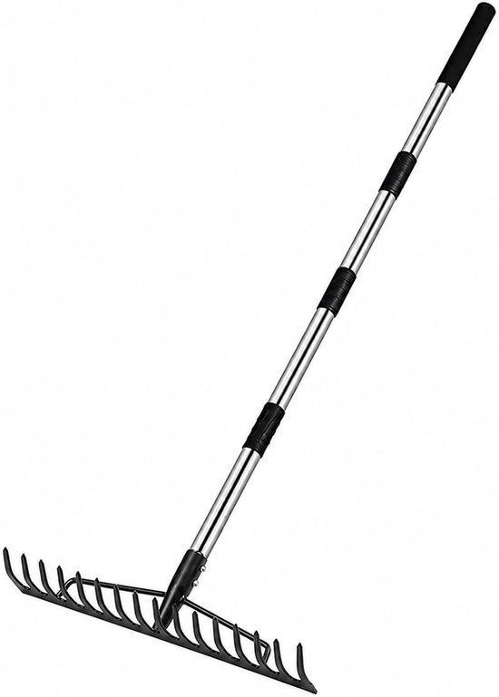 Booghark voor de tuin met steel, tuinhark, verstelbare en afneembare hark, 86-167 cm, lange handhark voor het losmaken van de bodemnivellering, mulch verzamelen van bladeren