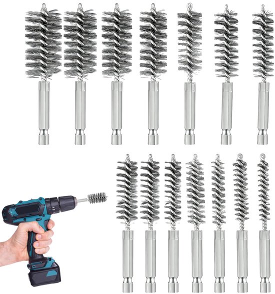 boormachine, 14 stuks, kleine draadborstel, voor boormachine, roestvrij staal, gatborstel voor polijsten, slijpen, slagboormachines, 8-25 mm, zilver