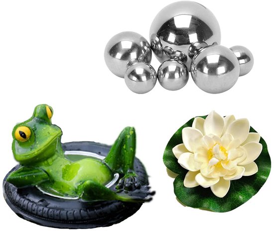 Boraboi ® Set van Decoratieve Kikker met Drijvende Zilveren Ballen en Lotusbloemen voor Tuindecoratie van Boraboi