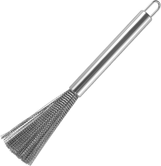 borstel, keukenborstel, 24 cm, reinigingsborstel, afwasborstel, potreiniger, roestvrij staal, pannenborstel met lange steel voor keukens, potten, pannen, borden, kookgerei, 1