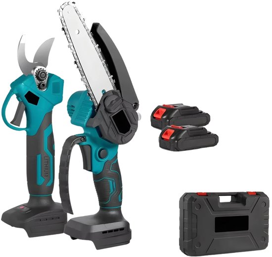 Borstelloze Elektrische Zaag 15 cm + 30 mm Elektrische Snoeischaar Set - Voor tuin en houtbewerking - Draadloos snoeien & zagen - Kleur: rood, inclusief 2 batterijen en EU-plug