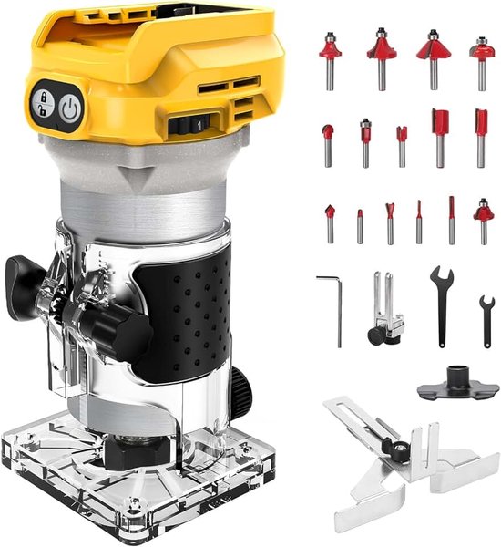 Borstelloze routertrimmer compatibel met Dewalt accu, router draagbare handsnijder voor houtbewerking, accu-houttrimmer met 15-delige snijset
