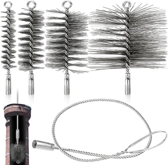 Borstels voor kachelpijpen, schoorsteenborstel, schoorsteenreiniging, 4 stuks, borstels voor open haard, 30, 50, 80, 150 mm, ronde borstel voor buizen, oven, draad voor het reinigen van open haarden