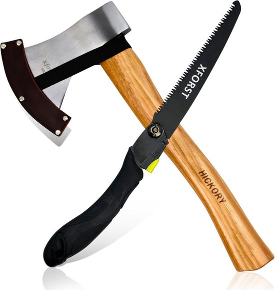 Bos- & tuinset met bijl van hickorysteel en klapzaag 19,5 cm - inclusief schede van Merkloos	