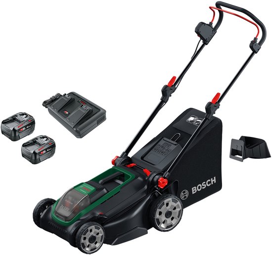 Bosch Rotak 18V2-43 - Grasmaaier - Inclusief 2 x 18V 4.0 Ah accu en AL 2x18V-88 lader en mulchplug van Merkloos	