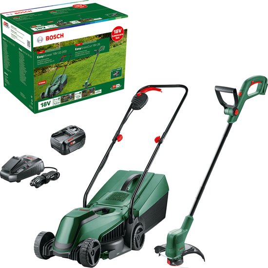 Bosch Tuinapparatuur - 18V ACCU-grasmaaier en grastrimmer set, 1x 4.0 Ah Li-Ion accu, lader 06008B9D02 van Merkloos	