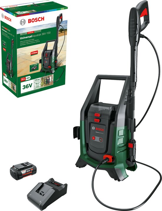 Bosch UniversalAquatak 36V-100 - Accu-hogedrukreiniger - Inclusief 1 x 36 V Accu (4,0 Ah), Lader, Bosch hogedrukpistool, lans, 4 m hogedrukslang, 3-in-1-mondstuk en wasmiddelfles van Bosch