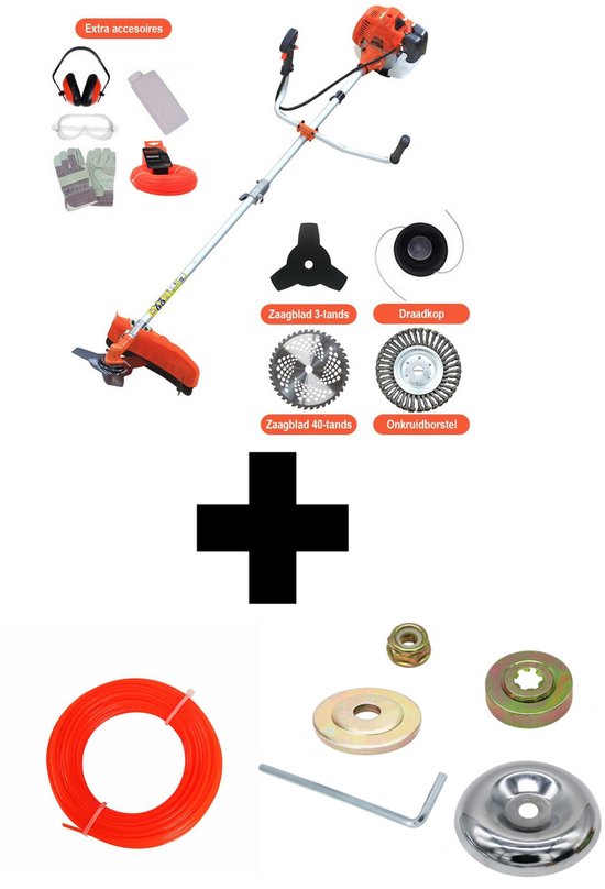 Bosmaaier Benzine - 52 cc / 1.9 pk 2-takt Motor – Incl. Onkruidborstel ,Maaidraad, Zaagblad 40-tands, Veiligheidsset en bevestigingset van VONROC