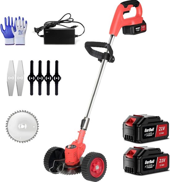 Bosmaaier Electrisch - Grastrimmers met Accu - Grasmaaier - Handmaaier met Wielen -Zwart met Rood