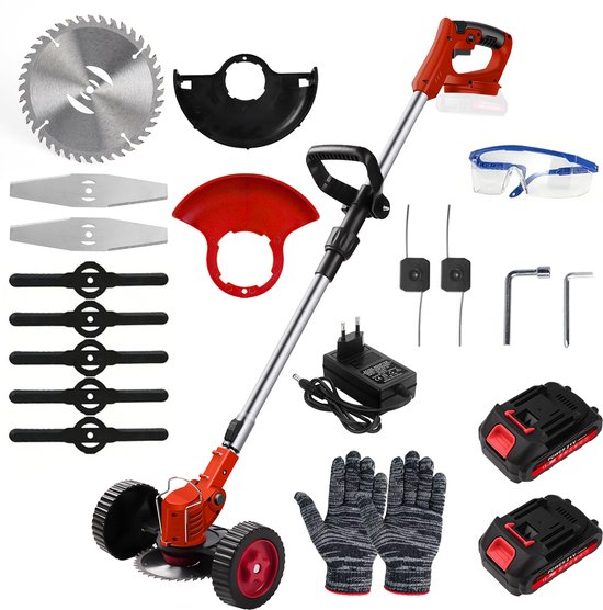 Bosmaaier Grastrimmer - Accu Elektrische Grasmaaier - 30W Rood Handgrasmaaier - Borstelloze Draadloze Grasmaaier - Lengte Verstelbaar - Multifunctionele Snijkop - met 2 Accu's - Tuingereedschap voor Gazon - Draagbare Kantenmaaier van Bosmaaier.