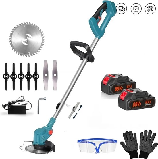 Bosmaaier - Grastrimmer - Bosmaaiers - Bosmaaier accu - MET 2 ACCU'S -3 Verschillende snijbladen - Gehele set - Grasmaaier - Draagbare Elektrisch Grasmaaiers - 15cm maaibreedte - Zwart, voor Tuin van Merkloos	