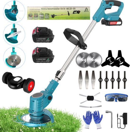 Bosmaaier - Grastrimmer - Bosmaaiers - Bosmaaier accu - MET 2 ACCU'S EN LADER - 3 Verschillende snijbladen - Gehele set - Grasmaaier - Draagbare Elektrisch Grasmaaiers - 15cm maaibreedte - Zwart, voor Tuin